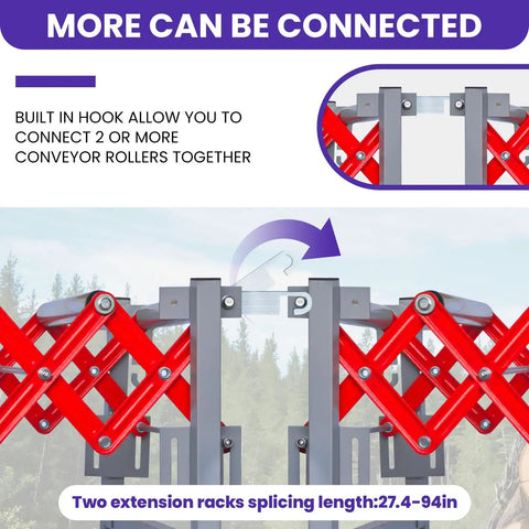 Adjustable Roller Conveyor System With 700 Lbs Capacity showing extension racks for connecting rollers, splicing length 27.4-94 in.