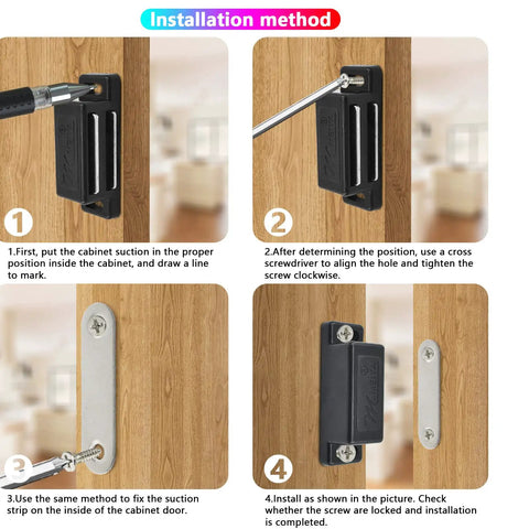 Installation method for Heavy Duty Magnetic Cabinet Door Catches Pack Of 12 With Mounting Screws, Fifteen Pound Hold Per Magnet, Black Finish