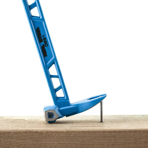 10 Inch Double Ended Nail Puller Cats Paw Pry Bar in blue forged carbon steel pulling a nail from wood