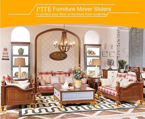 Living room with wooden furniture equipped with 3/4 Inch Screw On PTFE Teflon Furniture Glides For Wooden Furniture Heavy Duty Chair Leg Sliders.