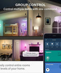 Alexa Compatible E12 Smart Light Bulbs S1 Auto Pairing in living room and bedroom with multicolor lighting control via smartphone app.