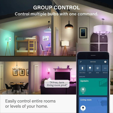 Alexa Compatible E12 Smart Light Bulbs S1 Auto Pairing in living room and bedroom with multicolor lighting control via smartphone app.