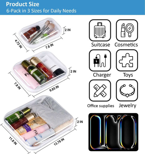 Heavy Duty Six Pack Clear Hard Shell Zipper Cases Straight Up Tough Plastic Storage Pouches, assorted sizes, for travel toiletries.