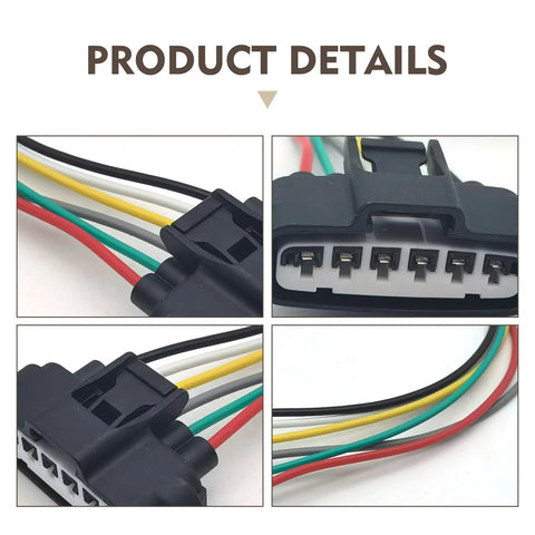 Close-up of Two Pack Six Pin Throttle Body Pigtail Connector For TPS Sensor, 6-wire harness plug, black with colored wires.
