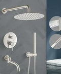 All-In-One Wall Mount 3-Function Shower System With Tub Spout And Rough-In Valve, brushed nickel finish, 10-inch round head