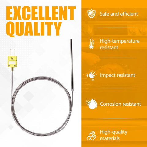 Front view of a K-type thermocouple probe with braided stainless steel cable and metal sensing tip