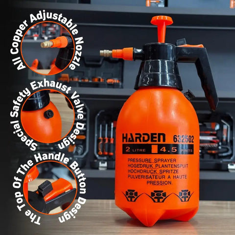 0.53 Gallon Handheld Pump Sprayer With Adjustable Copper Nozzle For Plants And Lawn Care, safety features shown