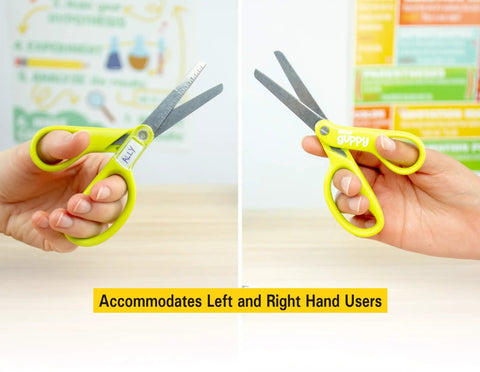 Two hands holding 5 Inch Kid Safe Scissors With Blunt Tip For Easy Safe Cutting, Left Or Right Hand Use, Ergonomic Grip, 2 Pack