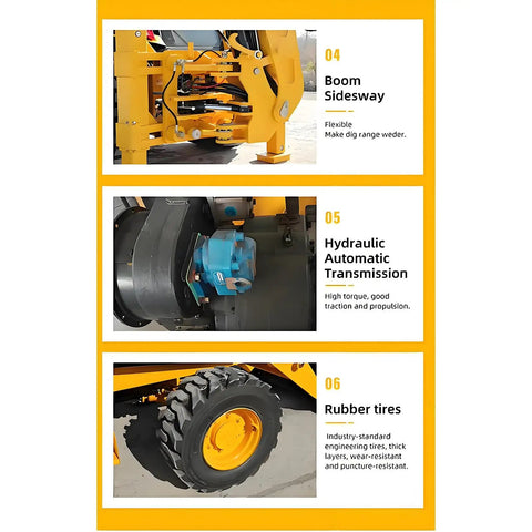 Compact Backhoe Loader With Front End Loader And Rear Excavator features boom sideways, hydraulic automatic transmission, rubber tires