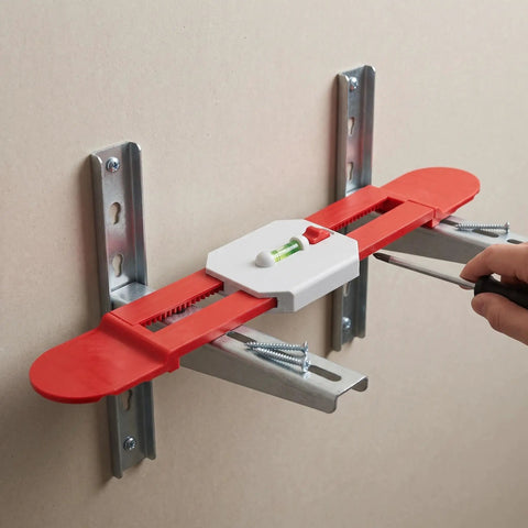 Telescopic Level Ruler Wall Mount for Split Air Conditioner Indoor Unit with level bubble and mounting brackets on wall.