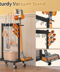 Beefed Up Cleaning Supplies Organizer And Broom Mop Holder Cart With Wheels For Laundry Garage And Closet Storage 160 Pounds Load Six Mop Hangers Three Double Hooks Vacuum Stand Space Saving