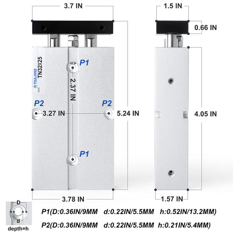 Heavy Duty 32mm Bore 25mm Stroke Double Rod Double Acting Aluminum Pneumatic Air Cylinder With 1/8 NPT Port front and side view