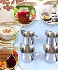 4 Pack 3oz Stainless Steel Creamer Pitchers With Handle For Coffee Milk Sauces displayed with milk, cream, sauce, and syrup.