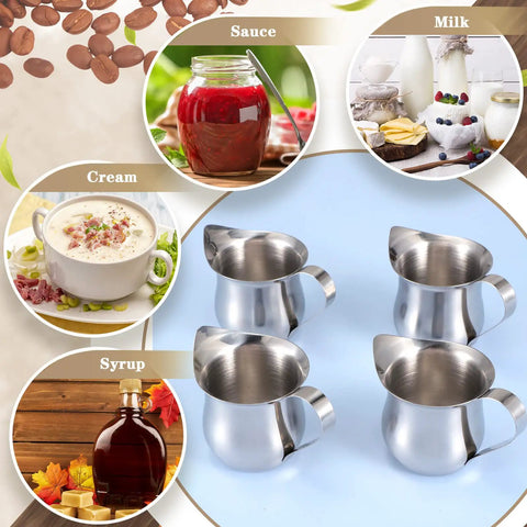 4 Pack 3oz Stainless Steel Creamer Pitchers With Handle For Coffee Milk Sauces displayed with milk, cream, sauce, and syrup.