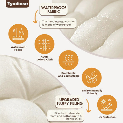 Close-up of Outdoor Hanging Egg Chair Cushion Replacement Thick Waterproof Cushion With Headrest Pillow Cream