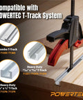 POWERTEC 2-pack tracksaw track-guide rail clamps, 8-3/4-inch quick-release, black and red on a wooden T-track.
