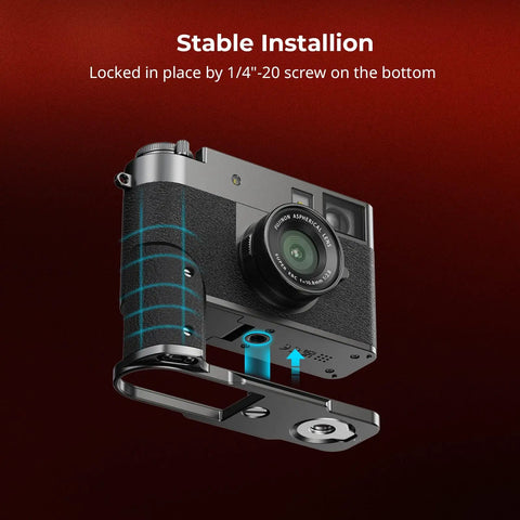 Fujifilm X Half L Shaped Grip With Built In Quick Release Plate For Arca attached to camera showing stable installation