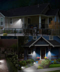 Outdoor Solar Lights 2 In 1 Waterproof Spotlights illuminating a house facade, garden pathway, and porch with cool white light.
