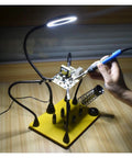 Magnetic Third Hand Soldering Station With 3X LED Magnifying Glass, showcasing gooseneck PCB holder and precision alligator clips.