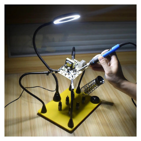 Magnetic Third Hand Soldering Station With 3X LED Magnifying Glass, showcasing gooseneck PCB holder and precision alligator clips.