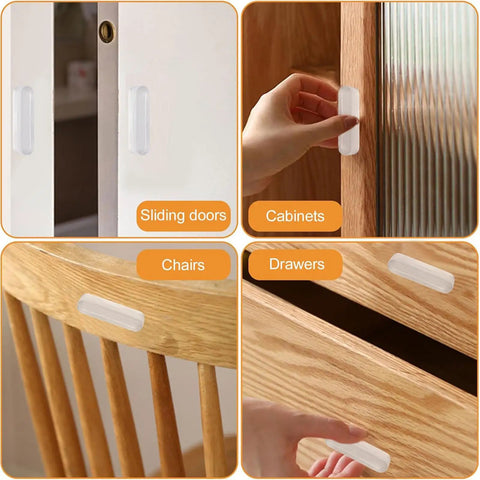 Self Stick Cabinet Drawer Pulls 4 Pack Clear Silicone Adhesive Handles on sliding doors, cabinets, chairs and drawers