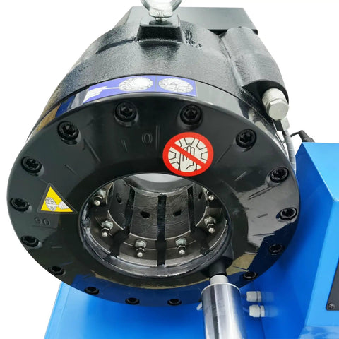 Close-up view of 12V Portable Hydraulic Hose Crimper With 13 Quick Swap Dies, showcasing crimping mechanism and detail.