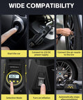 Portable Tire Inflator Air Pump for Cars Trucks SUVs Motorcycles with 12V DC Power showing startup and operation steps