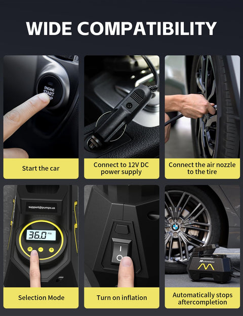 Portable Tire Inflator Air Pump for Cars Trucks SUVs Motorcycles with 12V DC Power showing startup and operation steps