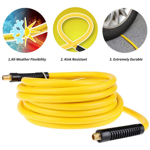 19 Piece Air Compressor Accessories Kit With 25 Ft Hybrid Hose Three Eighths Inch And One Quarter Inch NPT Quick Connect Fittings Includes Air Blow Gun Tire Gauge Wire Brush And Cleaning Tools Must Have For Your Home Shop featuring a durable yellow hybrid hose with quick-connect fittings.