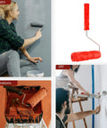 DIY Patterned Rubber Painting Roller For Textured Wall Art Decoration And Reusable Embossing Texture Tool used by a woman on a grey wall.