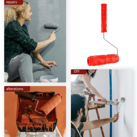 DIY Patterned Rubber Painting Roller For Textured Wall Art Decoration And Reusable Embossing Texture Tool used by a woman on a grey wall.