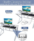 Comparison of desk setup before and after using 2 Pack No Drill Under Desk Cable Management Tray Set With Adjustable Removable Cord Organizer And Clamp Rack For Easy Wire Management Fits Wood Glass Metal Desks No Tools Needed Easy Install Keeps Cables Tidy And Improves Airflow