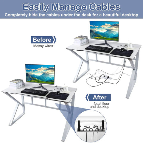 Comparison of desk setup before and after using 2 Pack No Drill Under Desk Cable Management Tray Set With Adjustable Removable Cord Organizer And Clamp Rack For Easy Wire Management Fits Wood Glass Metal Desks No Tools Needed Easy Install Keeps Cables Tidy And Improves Airflow