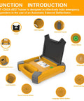 AED Trainer XFT-120GA, front view of orange training device with open lid, USB interface and control buttons