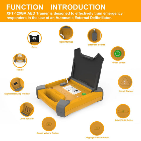 AED Trainer XFT-120GA, front view of orange training device with open lid, USB interface and control buttons
