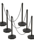Six Pack Traffic Barricade Delineator Posts With Fillable Base For Crowd Control Adjustable Stanchions Includes Five Point Four Foot Plastic Chain Cones For Parking Lots Outdoor And Indoor Use Black, shown with chains connected between posts.