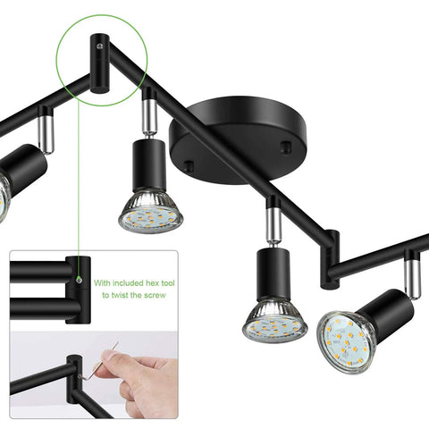 Close-up of Six Light LED Track Lighting Kit in Black, rotatable heads, showing installation detail with hex tool, 6 GU10 bulbs.