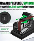 Compact Mini Bench Belt Sander With 10m/s High Speed For Multi Material Finishing showing forward/reverse switch for speed adjustment.