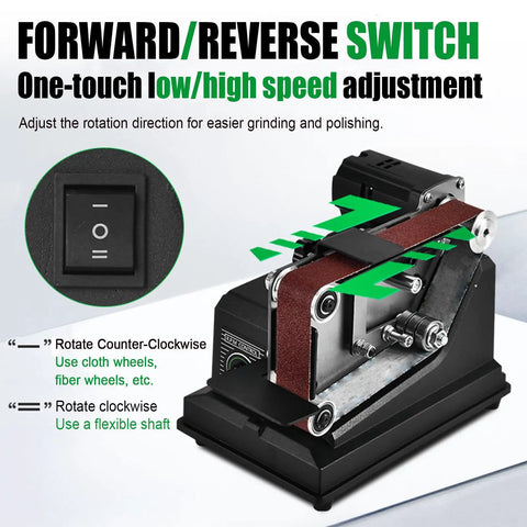 Compact Mini Bench Belt Sander With 10m/s High Speed For Multi Material Finishing showing forward/reverse switch for speed adjustment.