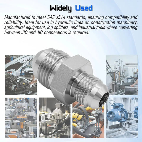 Hydraulic Hose Connector One Half Inch Male JIC 37 Degree Flare To Three Eighths Inch Male JIC Adapter For Leak Free Quick Connect Hydraulic Systems Straight Fitting High Flow Durable Steel, shown with industrial uses