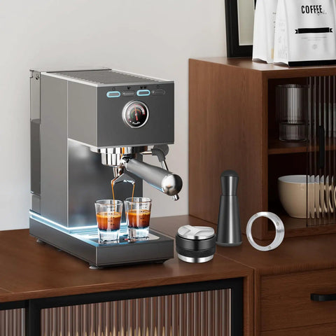 Espresso Accessories Kit 51mm For Delonghi And Other 51mm Machines with tamper, leveler, WDT tool, and funnel on counter