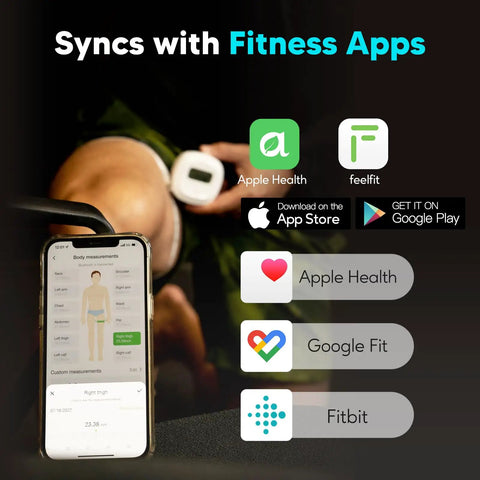 Phone showing app sync next to Bluetooth Body Tape Measure With App 60 Inch Retractable Locking Tape For Accurate Body Measurements.