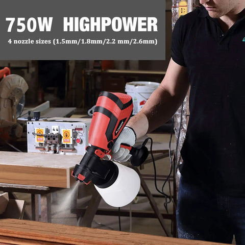 Person using Powerful HVLP Paint Sprayer With 750W Motor And 4 Nozzles, 1000ml Cup For Home And Outdoor Projects in workshop