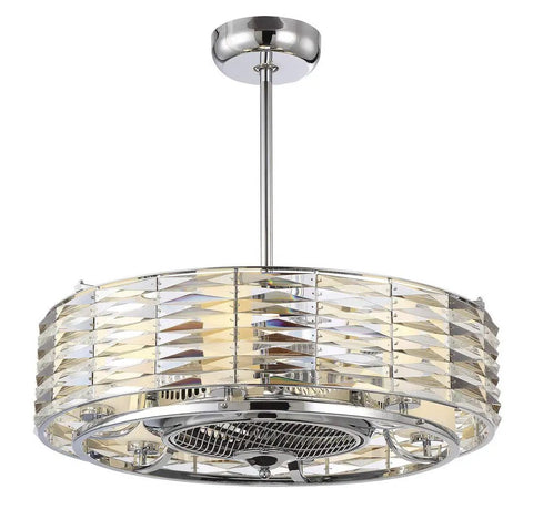 Hand Cut Crystal Drum Fandelier Ceiling Fan With Remote, Polished Chrome Frame, 6 Light LED Setup, elegant design view.