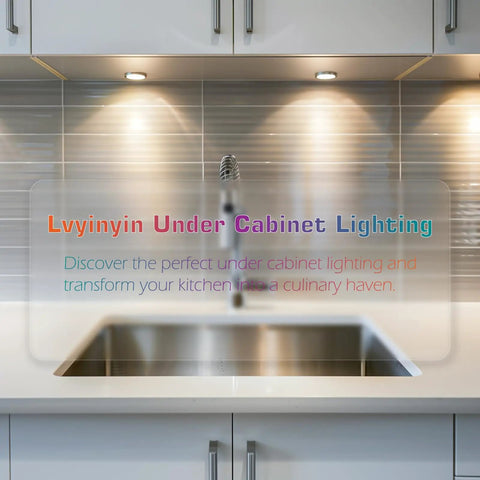 Kitchen display with RGBWW Under Cabinet Puck Light Kit with Daisy Chain Link illuminating sink area