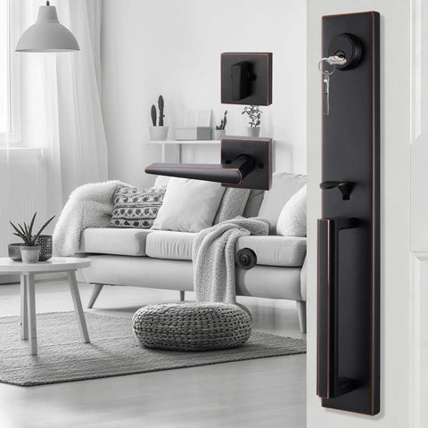 Modern Knob And Mode Handleset For Exterior Front Doors With Deadbolt Keyed Entry Adjustable Hole Position Fits US Standard Doors Satin Nickel Brushed Nickel Finish For A Solid Front Door Upgrade