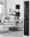Oil Rubbed Bronze Front Door Handleset With Knob And Reversible Entrance Handle for Right Or Left Handed Doors Single Cylinder Deadbolt Movable Hole Position To Fit US Standard Doors Easy Install shown in modern living room set up