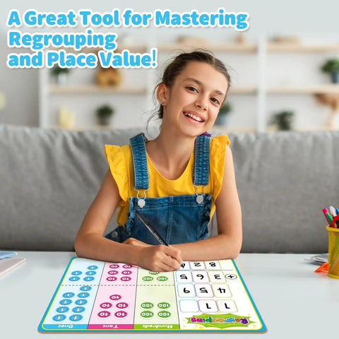 Girl using Hands On Wooden Magnetic Place Value Blocks For Kids With Regrouping Base Ten Chips for math learning at home