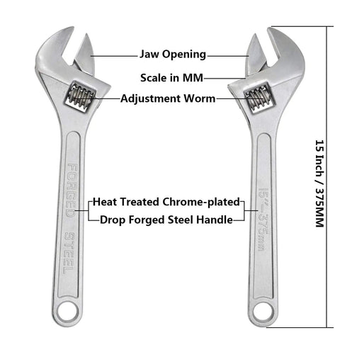 15 Inch Adjustable Wrench With 45mm Jaw Opening For Heavy Duty Garage And DIY Projects, Beefy Drop Forged Chrome Vanadium Steel