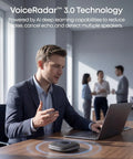 Person using PowerConf Conference Speakerphone With Six Mics 360 Degree Voice Pickup 24 Hour Call Time Zoom Certified Bluetooth 5.3 USB C Plays Nice With Leading Platforms For Personal Workspaces on desk.